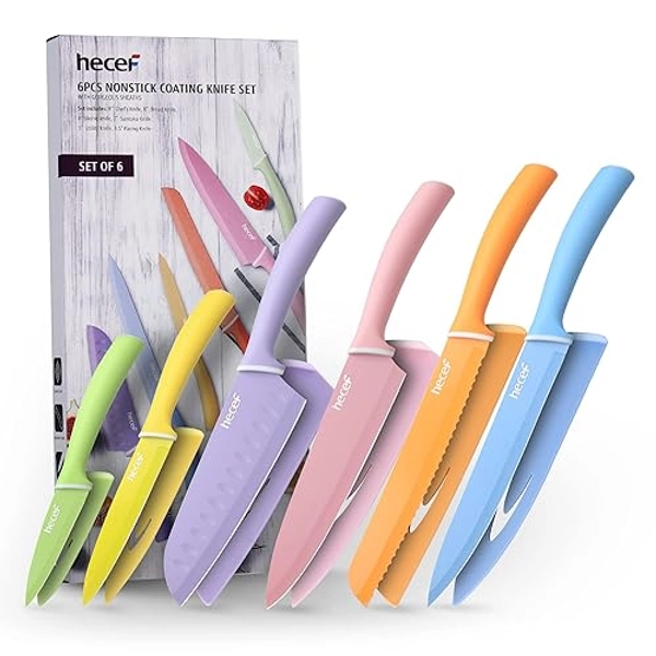 hecef Küchenmesser Set 6-teilig, Edelstahl Messer mit Schutzhüllen, Scharfe Messer Set mit Bunte Non-Stick Klinge und Soft Touch Griff, Profi Kochmesser für Köche - Buntes Messer