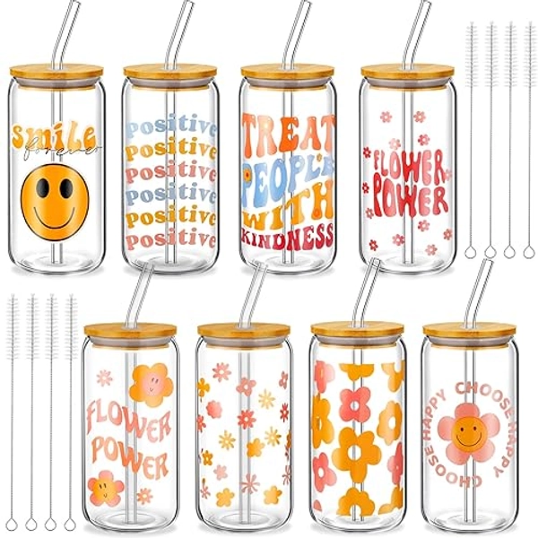 8 Pcs Glass Cups 16oz with Bamboo Lids and Straws