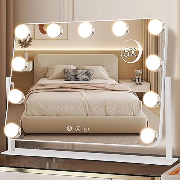 DenCert 360° Vanity Mirror with Lights 11 Led Bulbs Hollywood Lighted Makeup Mirror with 5X Magnification Mirror Hollywood Cosmetic Mirror Tabletop Makeup Mirror with 3 Lighting Modes 16x13 Inch