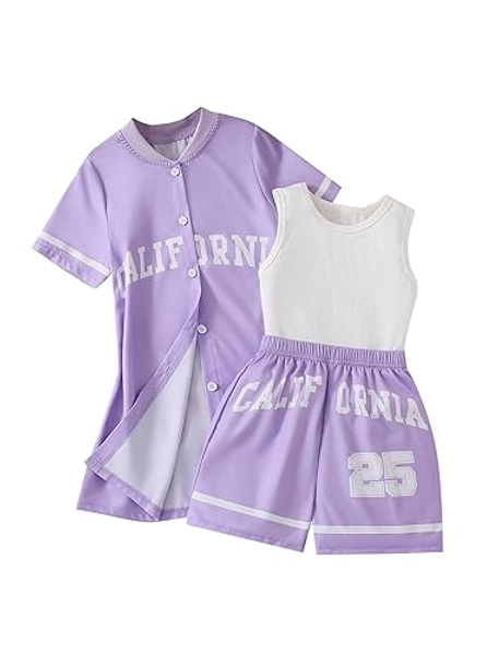 Hilinker Girls 3 Piece Outfits Graphic Tank and Short Sleeve Cardigan with Shorts Set - 9-10 Years - Purple White California