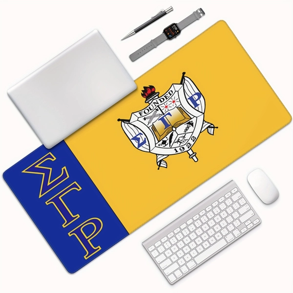Sigma Gamma Rho Desk Pad - Water-Resistant Crystal Velvet Desk Mat with Stitched Edges, Anti-Slip Oblong Keyboard Pad for Home, School, Office, and Esports, Yellow & Blue Design with Shield Emblem, School Workspace Pad | Organized Desk Setup | Polyester Fiber Pad, Desk Pad