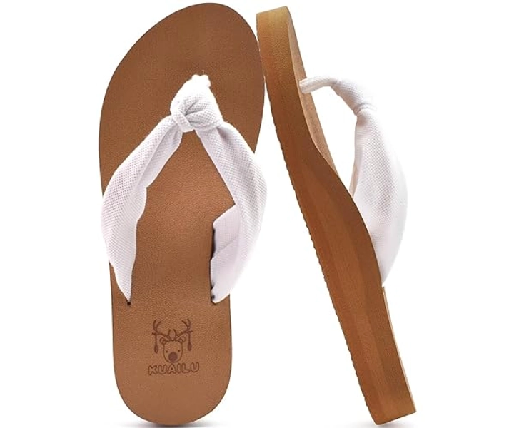 KuaiLu Flip Flops for Women with Arch Support Yoga Mat Comfortable Summer Beach Walking Thong Cushion Sandals Slip On Indoor Outdoor - 8 - White Khaki