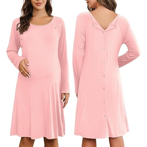 Ekouaer Women Maternity Nightgown Labor Delivery Nursing Gown Hospital Breastfeeding Dress Button Down Long Sleeve Sleepwear - Pink - Medium