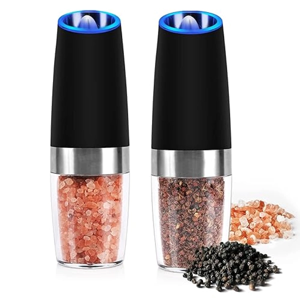 Electric Salt and Pepper Grinder Set: for Gravity Automatic Pepper Grinder, Battery Operated Pepper Mill with Ceramic Grind Adjustable Coarseness Electric Salt Grinder refillable Pepper Shaker 2 Pack - Black