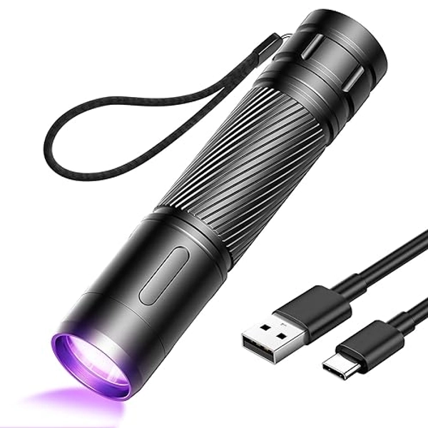 GEARLITE Wiederaufladbar LED UV Schwarzlicht Taschenlampe, Leicht Mini UV Lampe Ultraviolettes Licht mit 395nm Robust Wasserfest für Bernsteinsuche Geocaching Heimtierurindetektoren Unechte Banknoten - Schwarz
