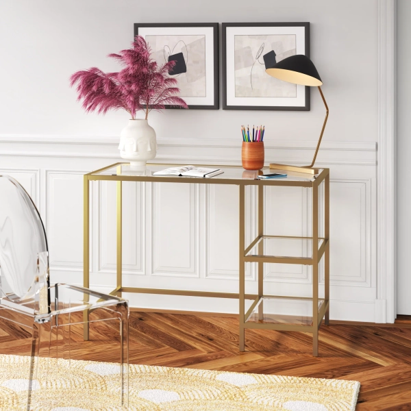 Ebern Designs Tralon Glass Desk "& Reviews" | Wayfair