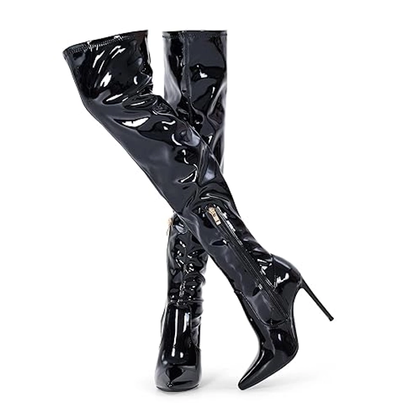 GENSHUO Over the Knee Boots for Women with Heel Suede Thigh High Boots Stretch Sexy Pointed Toe Stiletto Long Boot Shoes - 8.5 - Patent Leather Black