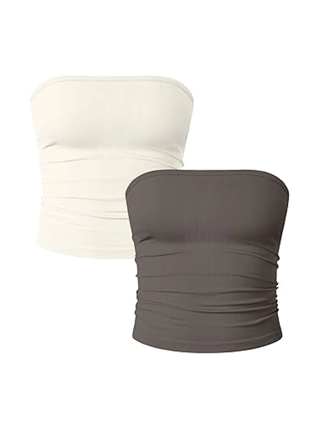 OQQ Womens 2 Piece Tube Tops Strapless Basic Sleeveless Stretch Classic-Fit Shirts Sexy Crop Tops - Tea Leaf,beige - Small