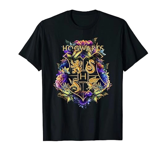 Harry Potter Hogwarts Multi-Colored Floral Crest T-Shirt - Youth - Royal Blue - 152