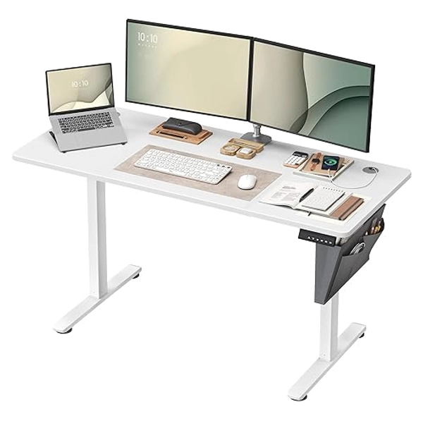 SONGMICS Bureau Électrique Assis-Debout, Bureau Réglable en Hauteur, 60 x 140 x (72-120) cm, 4 Hauteurs Mémorisables, Pochette de Rangement, pour Bureau, Blanc Nuage LSD134W01 - 60P x 140L cm - Blanc Nuage