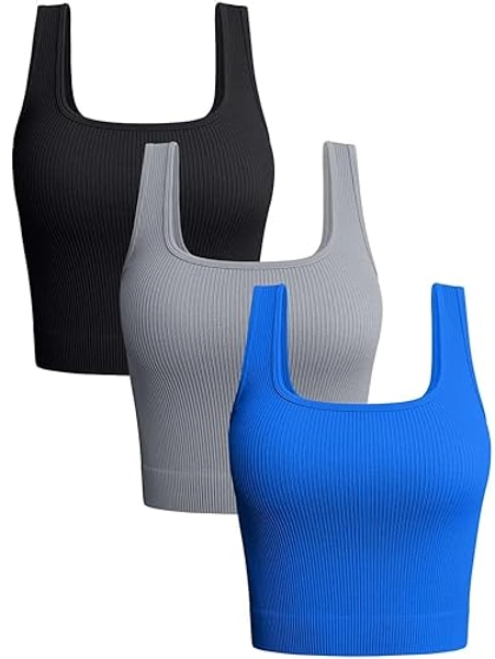 OQQ Women's 3 Piece Tank Tops Ribbed Seamless Workout Exercise Shirts 2025 Summer Basic Camis - Large - Black Grey Blue