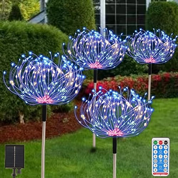 Solar Gartenleuchten für den Außenbereich 4er-Pack 480 LED Feuerwerk Landschaftspfad Solarbetriebene Starburst-Lichterkette wasserdicht 8 modi mit Fernbedienung für Weihnachtsfeier (Mehrfarbig) - Mehrfarbig