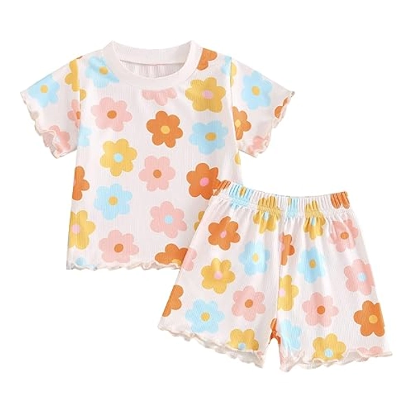 Engofs Toddler Baby Girl Clothes Summer Outfits Short Sleeve Floral Print T-shirt Shorts 2Pcs Set - 2-3 Years - C6 Apicot Flower