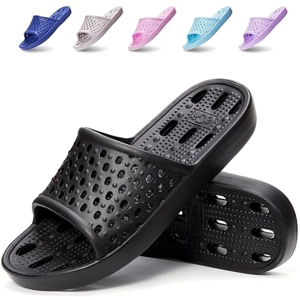 Xomiboe Shower Shoes Quick Drying Non-Slip Comfortable Men Women House Slippers - 7.5-8.5 Women/6-6.5 Men - Black