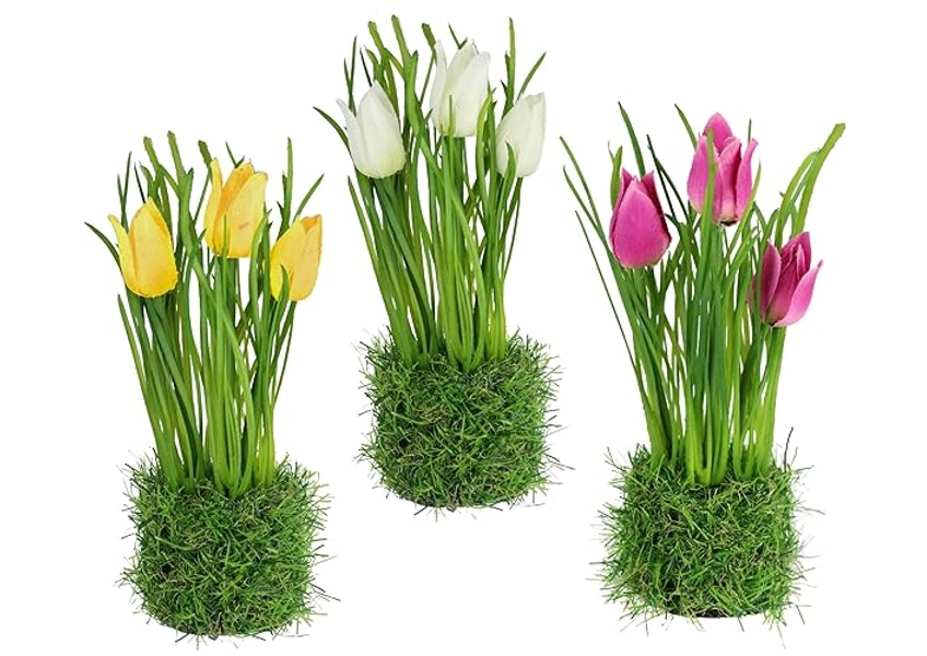 Künstliche Tulpen im Gras Nest 20cm 3erSet Kunstblumen Seidenblumen Künstlich Grasbusch Osterdeko Ostern Frühblüher Frühlingsblumen Frühjahrsdeko Frühlingsdeko Osternest Grasbusch Gras Tischdeko - Tulpen