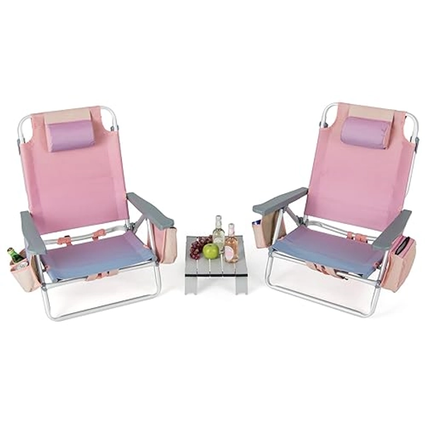 Giantex Folding Beach Chair, Patio Sling Chairs with 5 Adjustable Position, Head Pillow, Storage Bag, Towel Bar, Cup Holders, Backpack Chairs for Sunbathing, Camping Chair - Pink - 2-Pack Chair with table