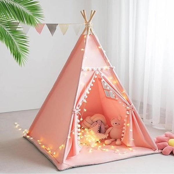 RONGFA Teepee Tent for Kids with Mat, Star Lights, Carry Case, Cotton Canvas Playhouse, Foldable Tents, Portable Children Play Tent Indoor Outdoor (Pink) - Pink+mat