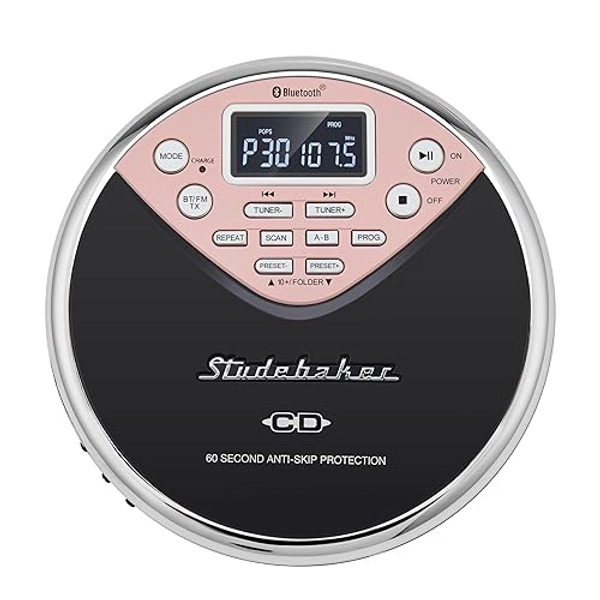 Studebaker SB3706 Personal Bluetooth MP3 CD Player w/Digital FM Radio, FM Transmitter and Built-in Rechargeable Battery (Black & Pink)