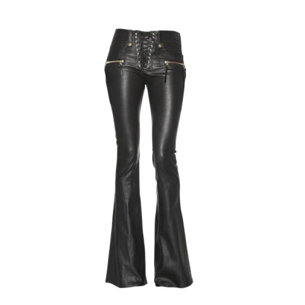 Women's Slim Lace-Up Flared Pants - Black / L (Waist 78 cm)