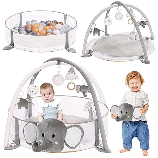 5-in-1 XL Large Baby Activity Gym 40"x 40" & Ball Pit - Combination Baby Gym and Ball Pit for Sensory Exploration and Motor Skill Development, for Newborns, Babies,Toddlers Not Included Ball - Elephant