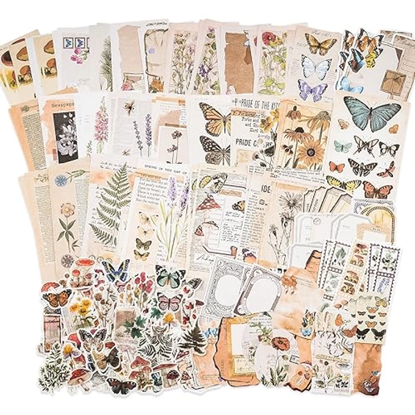 Knaid Vintage Scrapbook Supplies Pack (200 Pieces) for Junk Journal Bullet Journals Planners Botanical Paper Stickers Craft Kits Aesthetic Cottagecore Collage Album (Nature) - Nature