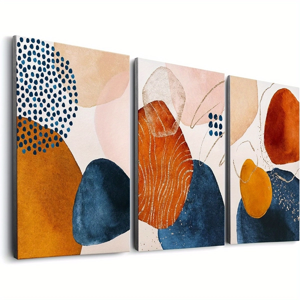 Blue and Orange Abstract Canvas Wall Art Set Orange Bohemian Wall Decoration Navy Blue Wall Decoration Murals Wrapped Canvas Paintings for Living Room, Bedroom Meeting Room Banquet Hall Art Space Salon Decoration (3pcs)
