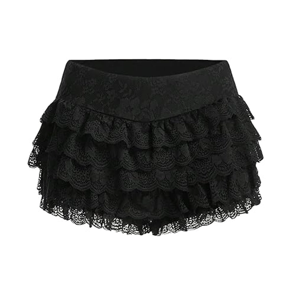 Womens Lace Trim Layered Ruffle Lolita Bloomers Coquette Sexy Boy Shorts Y2k Bubble Frilly Pumpkin Fairy Bottoms - Lace Black - Small