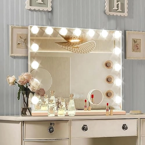 Ratsamee Hollywood Vanity Mirror with Lights, 15 Led Bulbs，3 Color Lights，Make Up Lighted Mirror, Aluminum Metal Frame,USB Charging Port（23" x 18"） - White - 23"L x 18"W