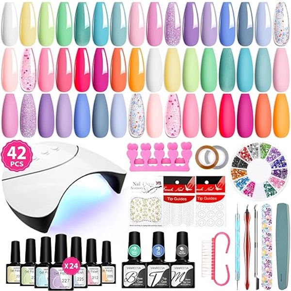 VANREESA 42 Pcs Gel Nail Polish Kit with U V Light 24 Popular Colors Gel Polish Nail Kit Green Blue Purple Pink Orange Complete Nail Kit with Manicure Tools Gifts for Women Girls - Sweet & Popular Collection