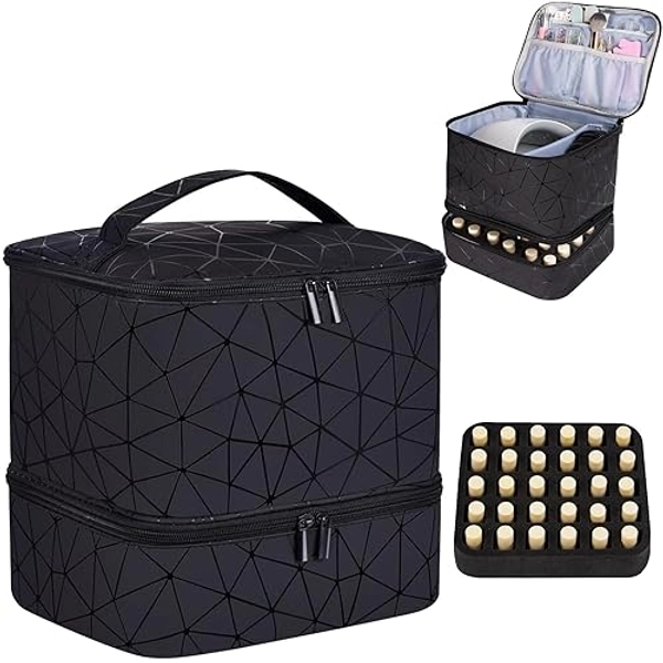 CTWWFS PU Leather Nail Polish Organizer and Nail Lamp Case, Nail Kit Organizer Holds 30+ Bottles (15ml - 0.5 fl.oz) and a Nail Lamp, Nail Polish Carrying Case with Manicure Tools Storage Sections - A-Black