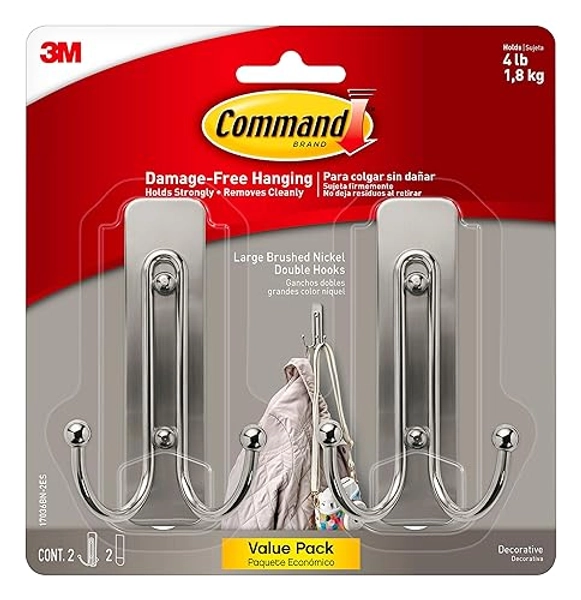 Command Large Brushed Nickel Double Hooks, 2 Hooks and 2 Command Strips, Damage Free Hanging Wall Hooks with Adhesive Strips, No Tools Coat Hooks for Hanging Home Decor, Holds up to 4 lb - Brushed Nickel - Large