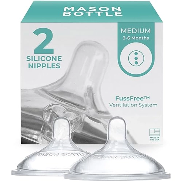Mason Bottle Nipples (2-Pack) - Silicone Nipples, Fits Any Regular-Mouth Mason Jar - Medium Flow (3-6 Months), Wide Natural-Shaped, BPA-Free, Non-Toxic Baby Bottle Nipples - Made in USA - Medium Flow, 3-6 Month