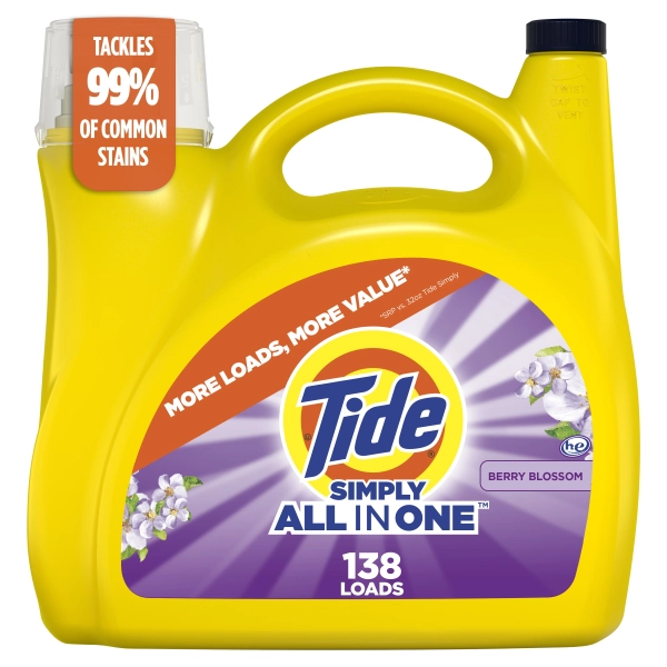 Tide Simply All-In-One Liquid Laundry Detergent, Berry Blossom Scent, 182 fl oz, 138 Loads