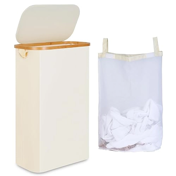 iEGrow Slim Laundry Hamper, Narrow Laundry Basket with Lid,Foldable Clothes Hamper with Bamboo Handles,Hamper Basket with Removable Inner Bag for Laundry Room Bedroom College Dorm,60L Beige - Beige - 60L