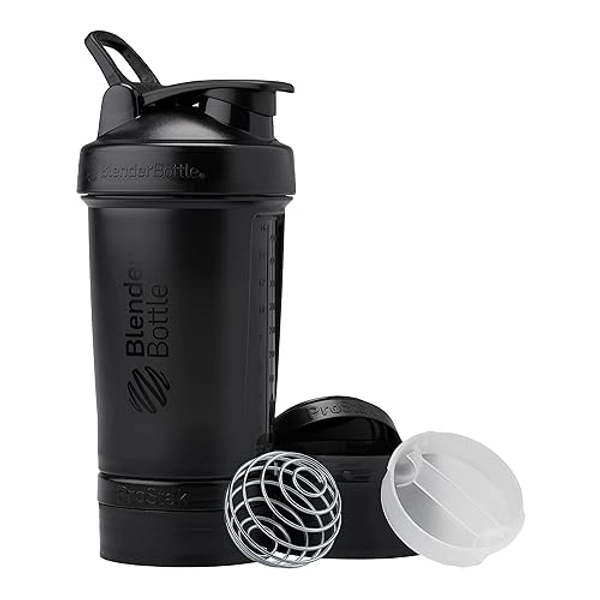 BlenderBottle Shaker Bottle with Pill Organizer and Storage for Protein Powder, ProStak System, 22 Ounce, Midnight Black - Midnight Black - Bottle