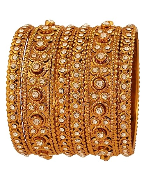 Touchstone "Golden Bangle Collection Indian Bollywood Rhinestones Grain Work Designer Jewelry Thick Bangle Bracelets for Women in Antique Gold Or White Tone. - 2.5 Inches - D227 Gold