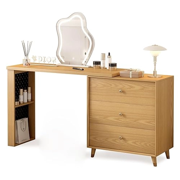 Messenya White Vanity Mirror with Lights and Dresser for Bedroom Furniture,Makeup Vanity Desk with Lights,Vanity Table with 3 Color Lighting Modes,vanities Laptop Writing Desk Oak Color (S-105)