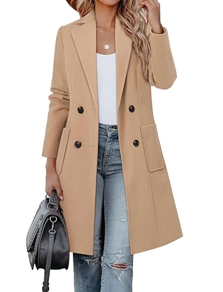 CHICZONE Women's Notch Lapel Double Breasted Mid Long Pea Coat Wool Blend Overcoat Winter Outwear - A-camel - Small