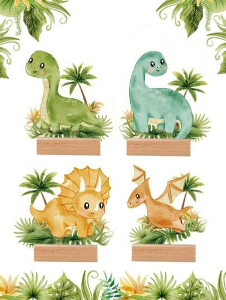 4Pcs Dinosaur Shape Acrylic Ornament Wooden Base,Birthday Party Babe Shower Gender Reveal Party Favorite Gift,Desktop Ornament Decor,Table Decor,Home Decor,