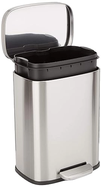 Amazon Basics Smudge Resistant Small Rectangular Trash Can With Soft-Close Foot Pedal for Bathroom/ Living room, Brushed Stainless Steel,12 l/3.1 gallon, Satin Nickel Finish,11.3"L x 9.9"W x 15.1"H - Satin Nickel - 3.1 Gallon