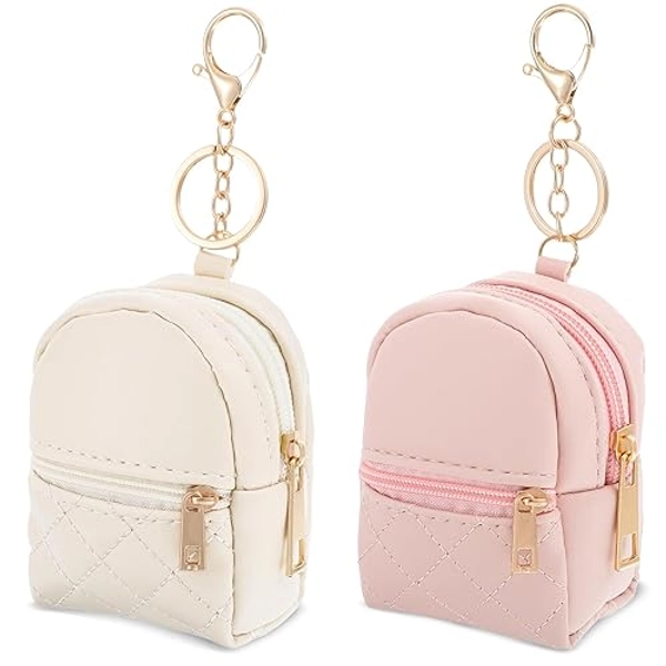 2Pcs Mini Backpack Cute Cosmetic Bag for Women Creative Pendant Keychain Key-chains Keyrings PU Leather Makeup Bag Key Pocket Lipstick Bag Card Holder Data Cable Organizer Zipper Pouch for Women Girl - Pink, off white