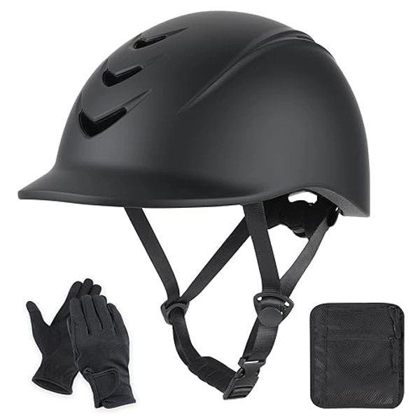 Horse Riding Helmet Set – Lightweight, Adjustable Equestrian Helmet for Men & Women with Touchscreen Gloves & Storage Bag – Comfortable, Breathable Horseback Riding Gear - Deep Black