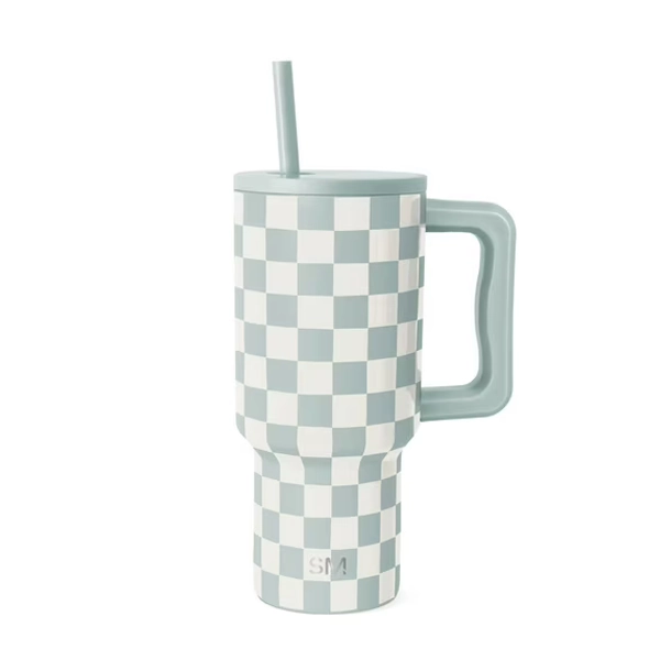 Simple Modern 30 fl oz Insulated Stainless Steel Trek Tumbler with Straw Lid | Seaglass Sage and Cream Checkmate