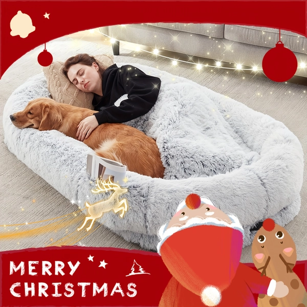 Washable Orthopedic Faux Fur Napping Bed For Humans And Pets, Includes Plump Pillow, Blanket, Strap - Grey, 75"x43"x12" Perfect For Dozing Off Together
