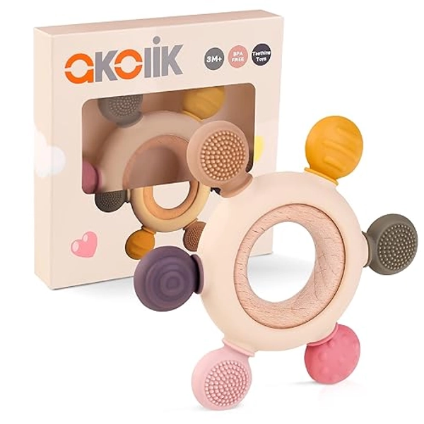 akolik Teething Toys for Babies, Baby Teethers Toy Teething Ring Silicone, Grasping Teething Toy, BPA Free Teething Newborn Accessories for Baby 0 3 6 9 12 18 Months - Pink