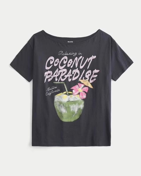Oversized Off-the-Shoulder Coconut Paradise Graphic Tee