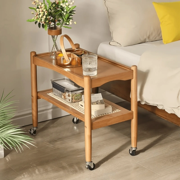 Mobile Coffee Bar Cart Movable Sofa Side Table With Wheels For Living Room | Cherry
