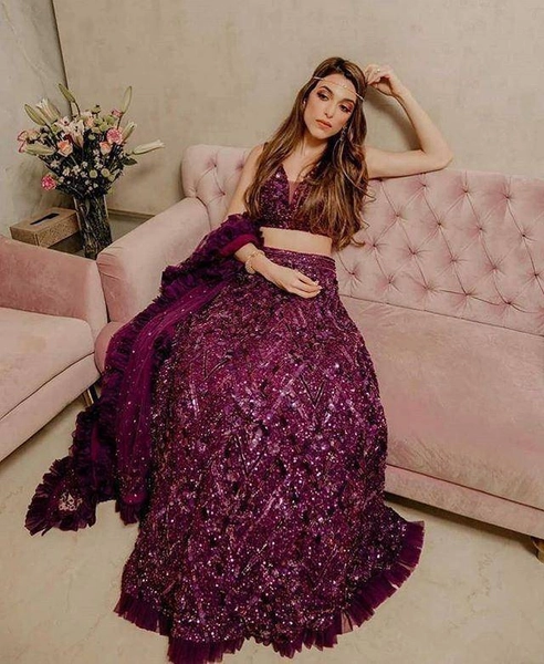Wine Velvet Lehenga Choli with Thread and Sequence Work