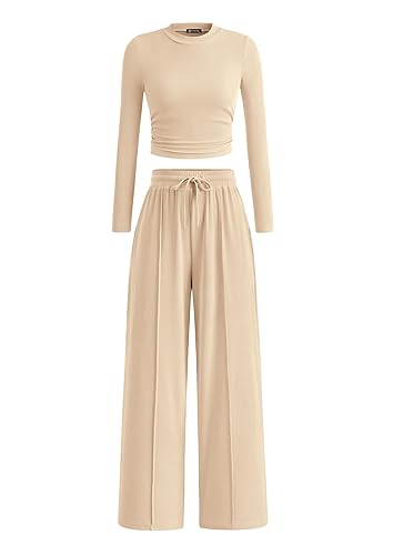 PRETTYGARDEN Women's 2 Piece Loungewear Long Sleeve Crop Top Wide Leg Palazzo Pants Set Tracksuits Casual Outfit - Beige - Small