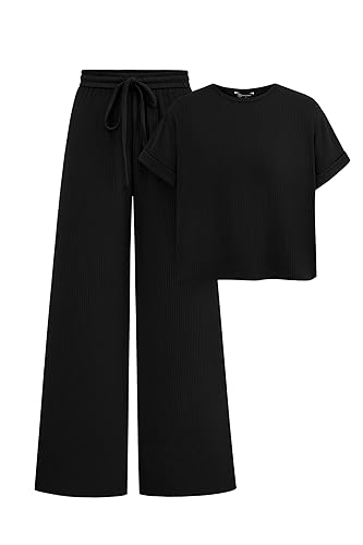 PRETTYGARDEN Women's Summer 2 Piece Knit Loungewear Short Sleeve T Shirts Wide Leg Pants Tracksuit Casual Outfits - Black - Small